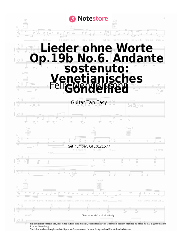 Einfache Tabs Felix Mendelssohn - Lieder ohne Worte Op.19b No.6. Andante sostenuto: Venetianisches Gondellied - Gitarre.Tabs.Easy