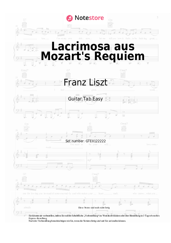 Einfache Tabs Franz Liszt - Lacrimosa aus Mozart's Requiem - Gitarre.Tabs.Easy