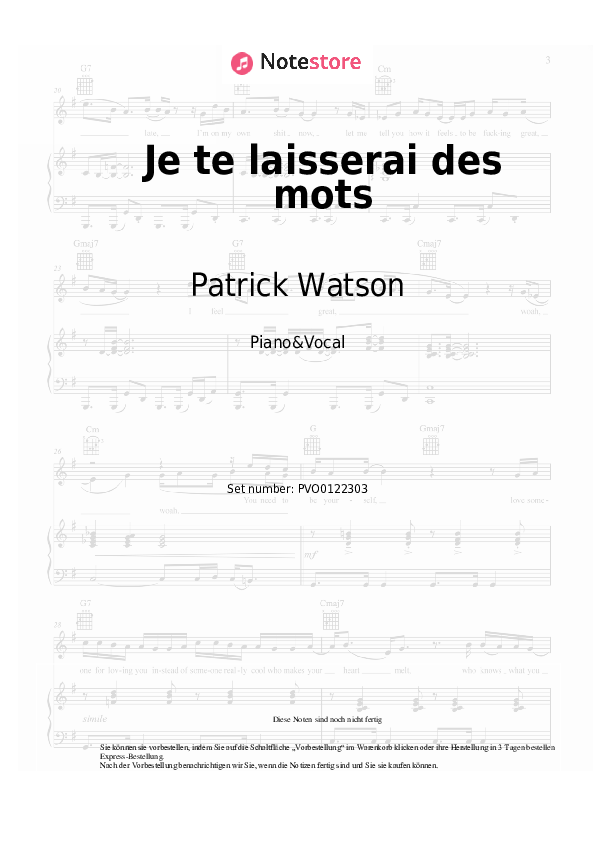Noten mit Gesang Patrick Watson - Je te laisserai des mots - Klavier&Gesang