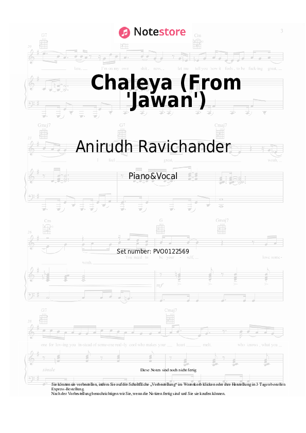 Noten mit Gesang Anirudh Ravichander, Arijit Singh, Shilpa Rao - Chaleya (From 'Jawan') - Klavier&Gesang