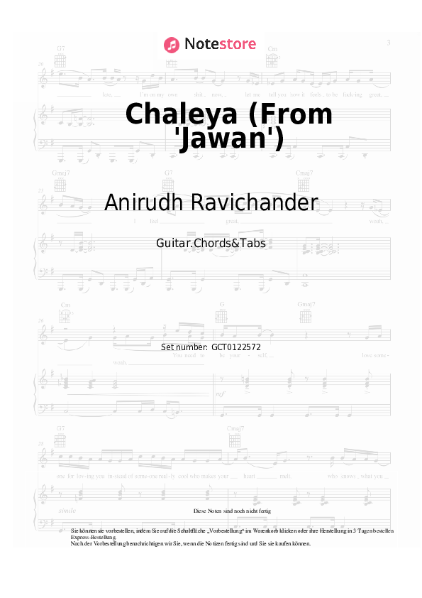 Akkorde Anirudh Ravichander, Arijit Singh, Shilpa Rao - Chaleya (From 'Jawan') - Gitarren.Akkorde&Tabas