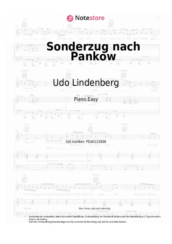 Einfache Noten Udo Lindenberg - Sonderzug nach Pankow - Klavier.Einfach