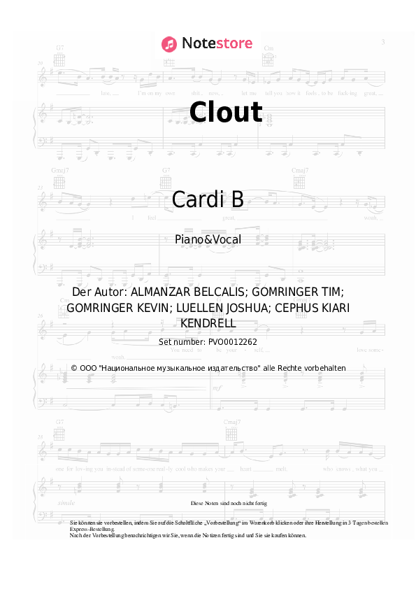 Noten mit Gesang Offset, Cardi B - Clout - Klavier&Gesang