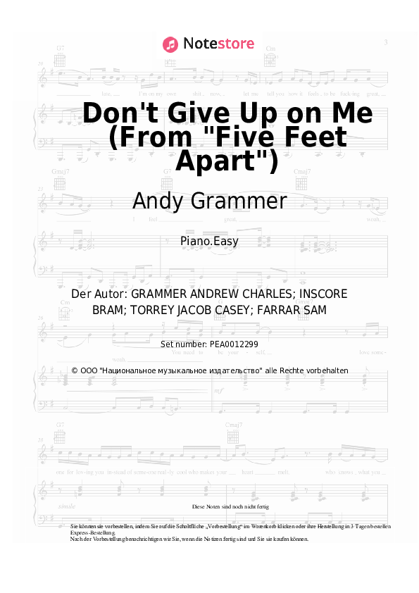 Andy Grammer - Don't Give Up on Me (From Five Feet Apart) Noten für Piano