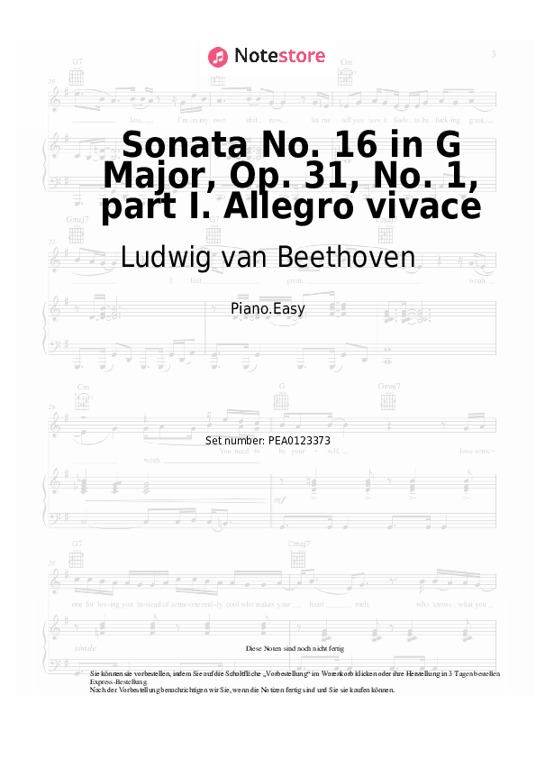Einfache Noten Ludwig van Beethoven - Sonata No. 16 in G Major, Op. 31, No. 1, part I. Allegro vivace - Klavier.Easy
