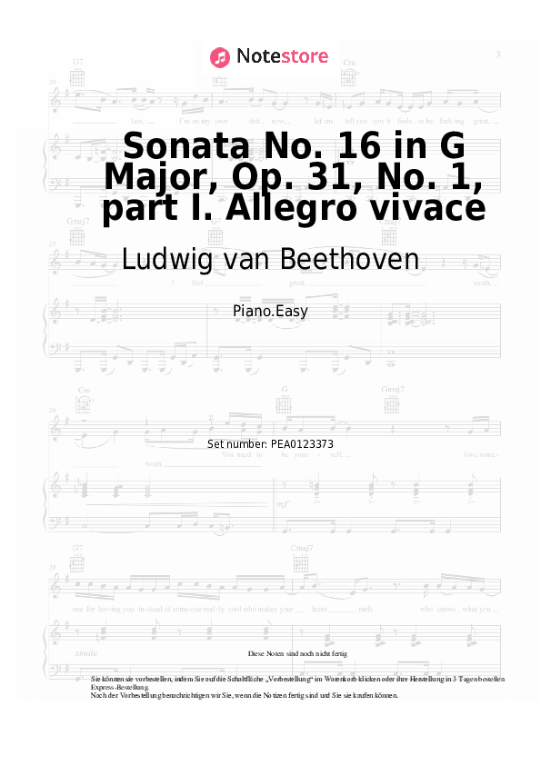 Einfache Noten Ludwig van Beethoven - Sonata No. 16 in G Major, Op. 31, No. 1, part I. Allegro vivace - Klavier.Einfach