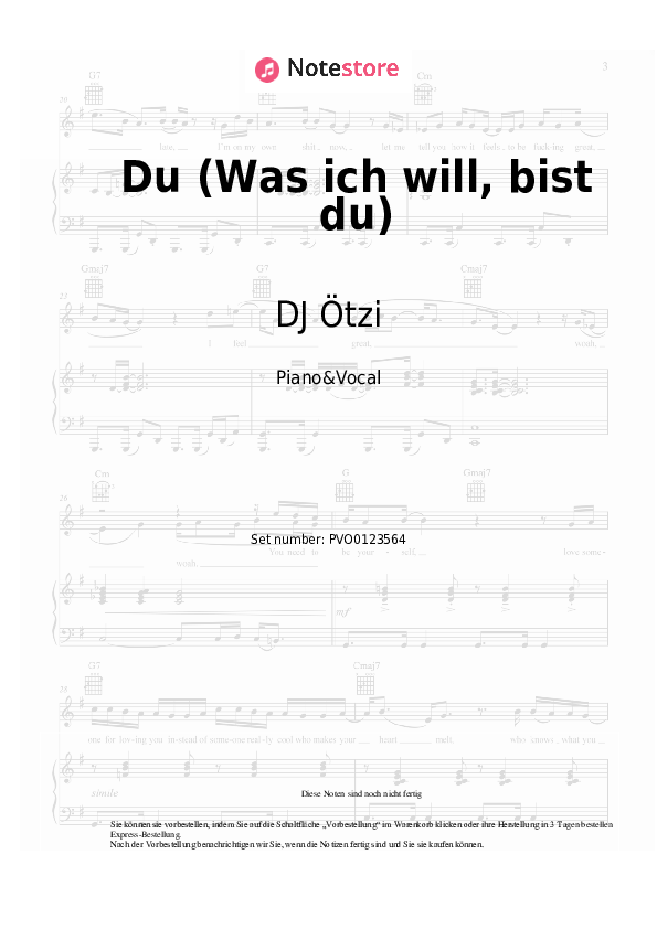 Noten mit Gesang DJ Ötzi - Du (Was ich will, bist du) - Klavier&Gesang