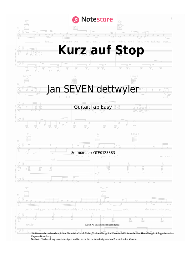 Einfache Tabs Jan SEVEN dettwyler, Johannes Oerding - Kurz auf Stop - Gitarre.Tabs.Easy