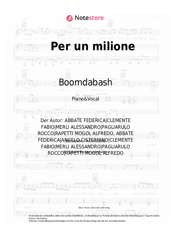 Noten mit Gesang Boomdabash - Per un milione - Klavier&Gesang