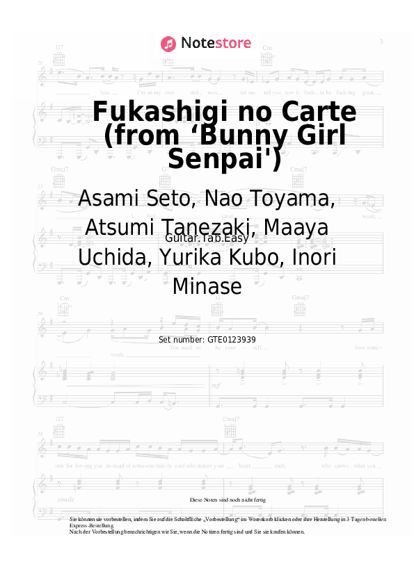 Einfache Tabs Asami Seto, Nao Toyama, Atsumi Tanezaki, Maaya Uchida, Yurika Kubo, Inori Minase - Fukashigi no Carte (from ‘Bunny Girl Senpai') - Gitarre.Tabs.Easy