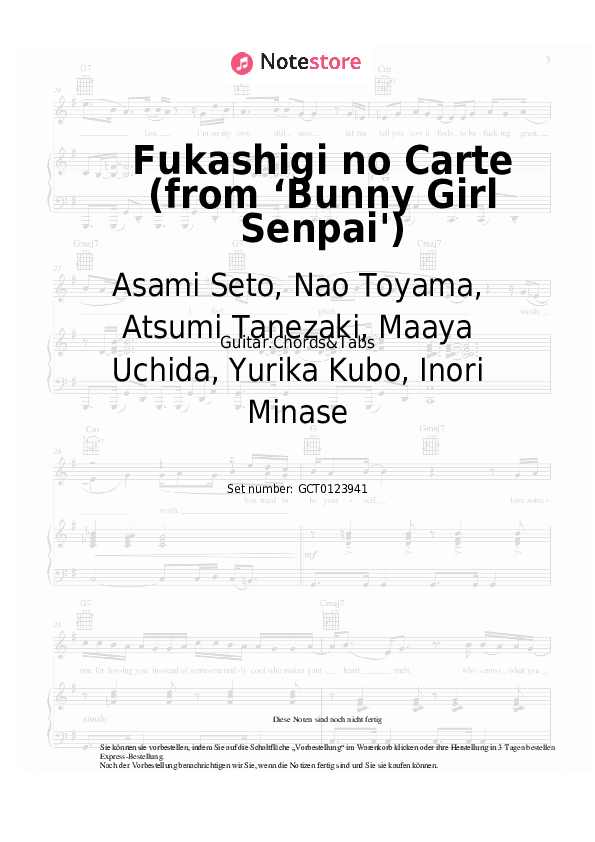 Akkorde Asami Seto, Nao Toyama, Atsumi Tanezaki, Maaya Uchida, Yurika Kubo, Inori Minase - Fukashigi no Carte (from ‘Bunny Girl Senpai') - Gitarren.Akkorde&Tabas