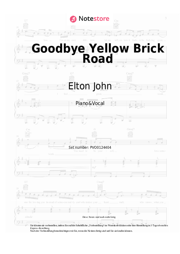 Noten mit Gesang Elton John - Goodbye Yellow Brick Road - Klavier&Gesang