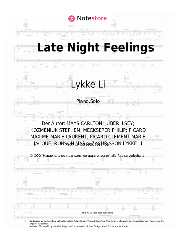 Noten Mark Ronson, Lykke Li - Late Night Feelings - Klavier.Solo