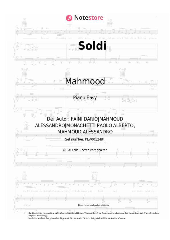 Einfache Noten Mahmood - Soldi - Klavier.Easy