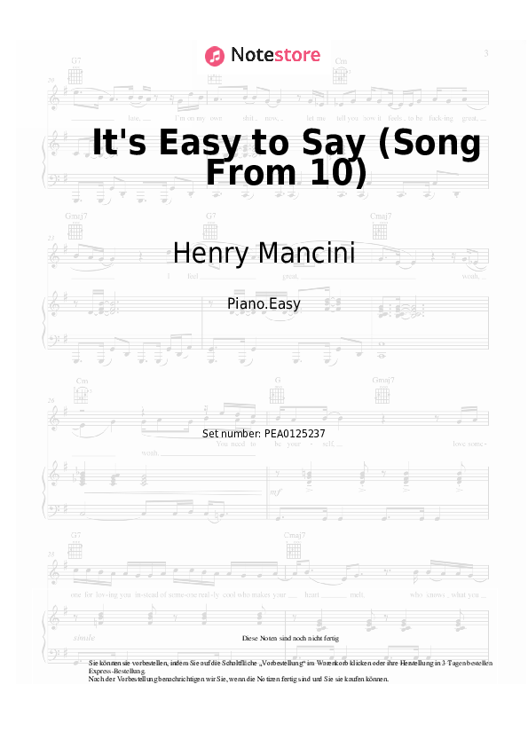 Einfache Noten Henry Mancini - It's Easy to Say (Song From 10) - Klavier.Easy