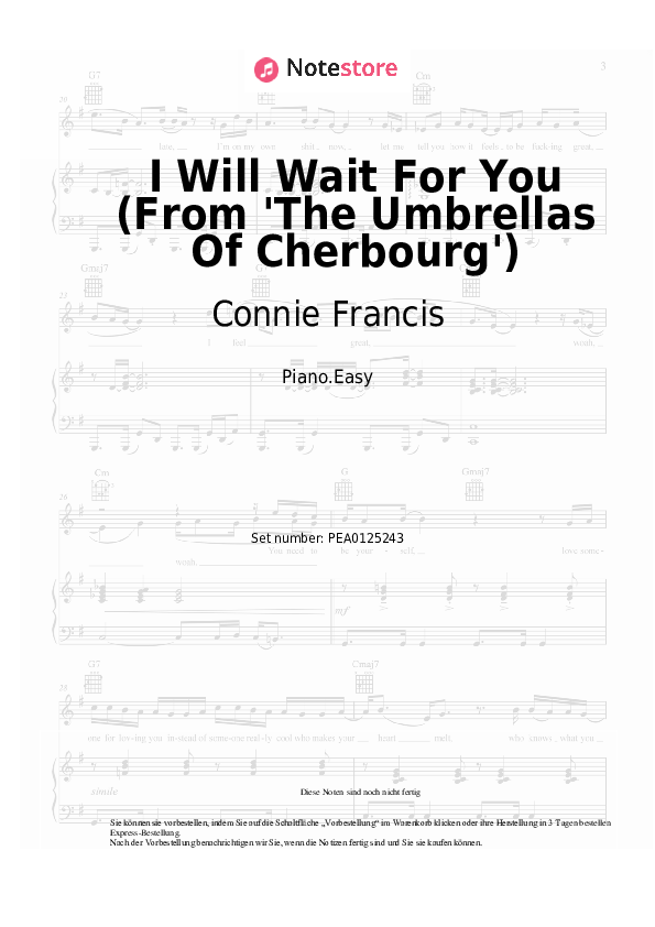 Einfache Noten Connie Francis - I Will Wait For You (From 'The Umbrellas Of Cherbourg') - Klavier.Easy