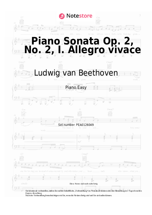 Einfache Noten Ludwig van Beethoven - Piano Sonata Op. 2, No. 2, I. Allegro vivace - Klavier.Einfach