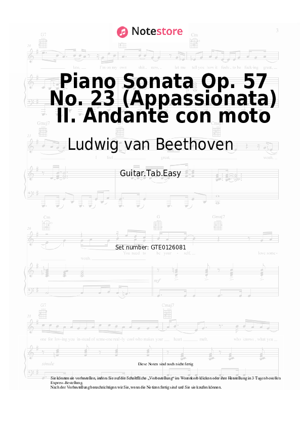 Einfache Tabs Ludwig van Beethoven - Piano Sonata Op. 57 No. 23 (Appassionata) II. Andante con moto - Gitarre.Tabs.Easy