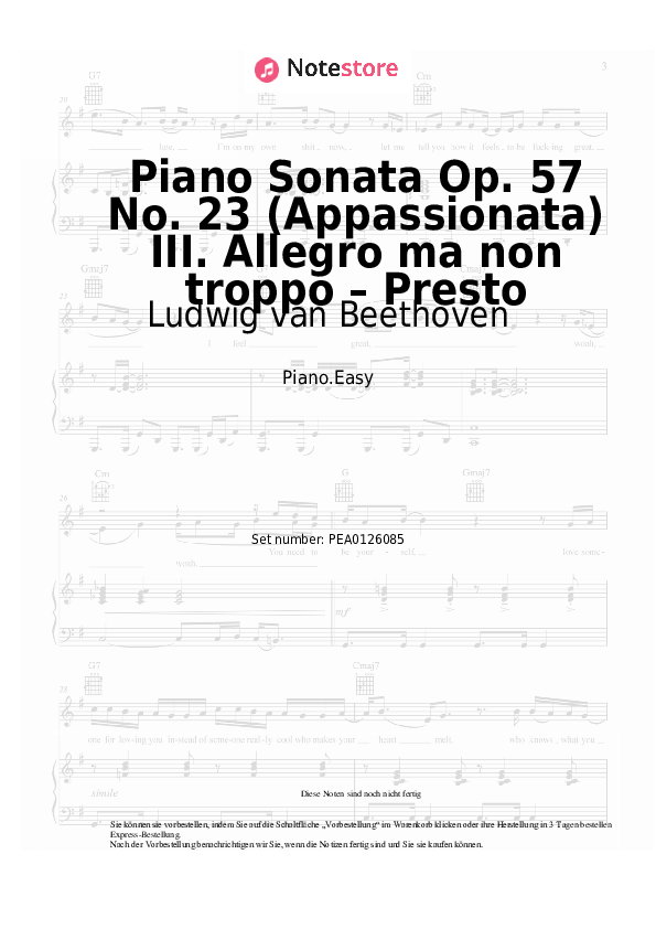 Einfache Noten Ludwig van Beethoven - Piano Sonata Op. 57 No. 23 (Appassionata) III. Allegro ma non troppo – Presto - Klavier.Easy