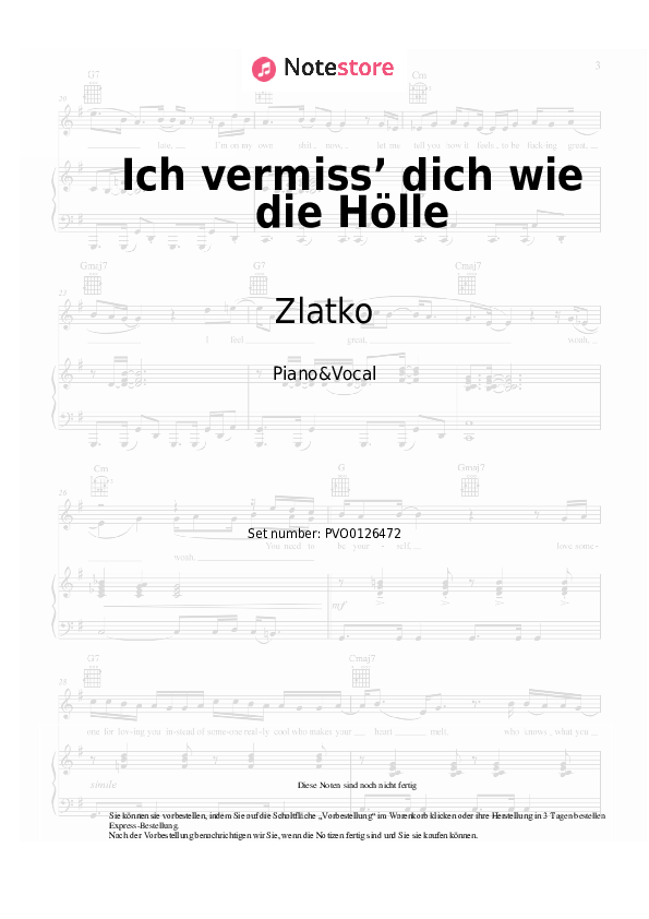 Noten mit Gesang Zlatko - Ich vermiss’ dich wie die Hölle - Klavier&Gesang