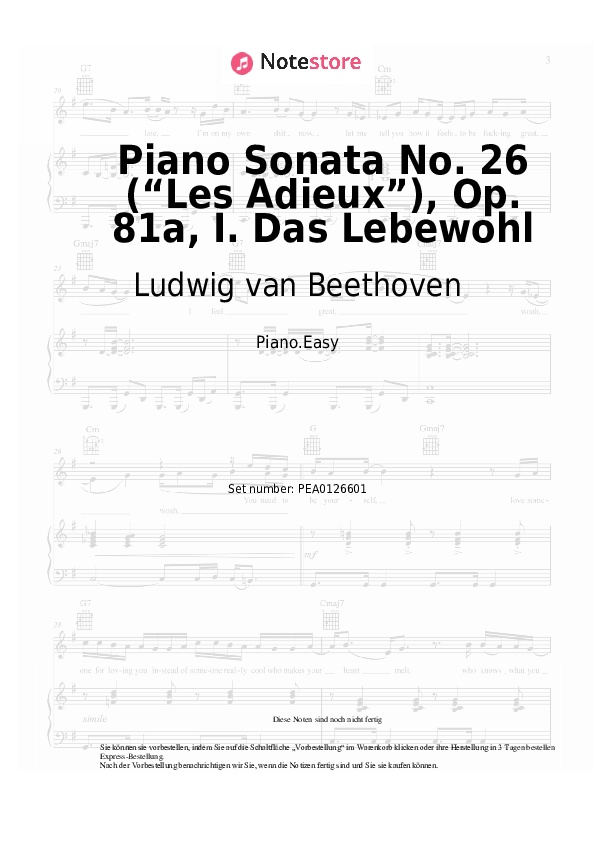 Einfache Noten Ludwig van Beethoven - Piano Sonata No. 26 (“Les Adieux”), Op. 81a, I. Das Lebewohl - Klavier.Easy