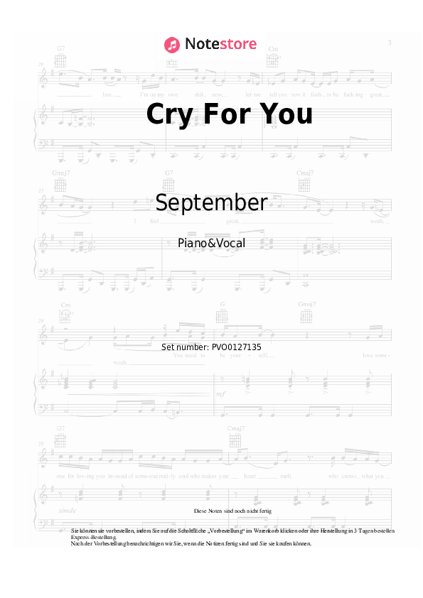 Noten mit Gesang September - Cry For You - Klavier&Gesang