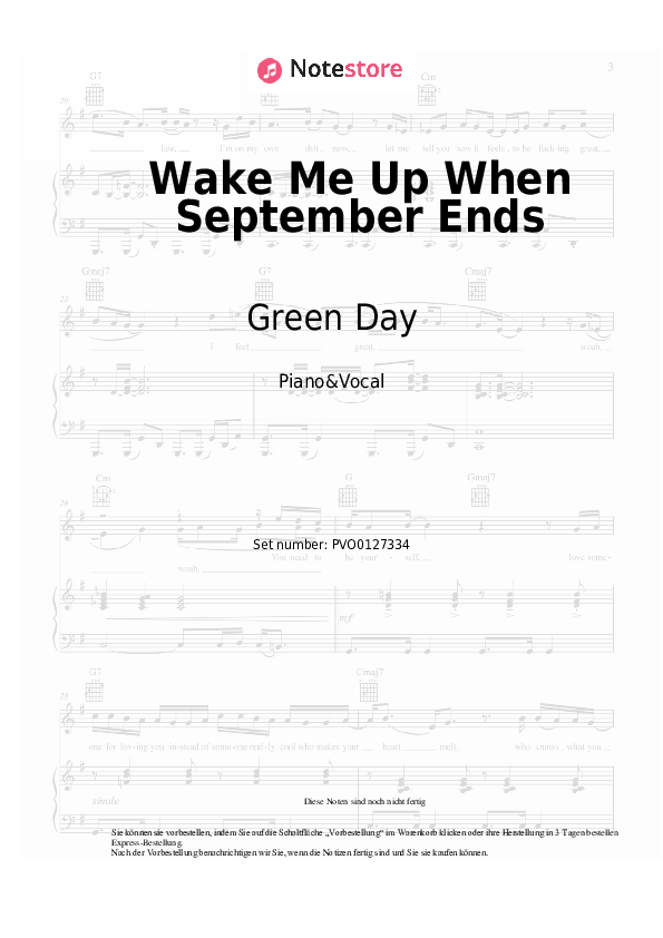 Noten mit Gesang Green Day - Wake Me Up When September Ends - Klavier&Gesang