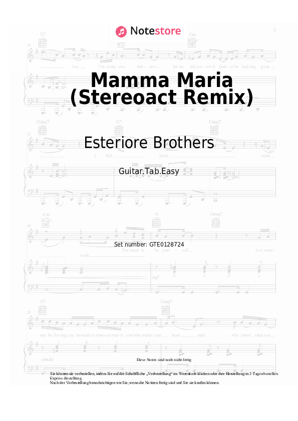 Einfache Tabs Esteriore Brothers, Stereoact - Mamma Maria (Stereoact Remix) - Gitarre.Tabs.Easy