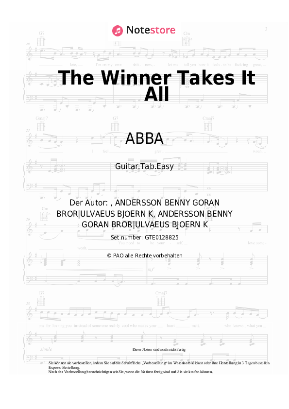 Einfache Tabs ABBA - The Winner Takes It All - Gitarre.Tabs.Easy