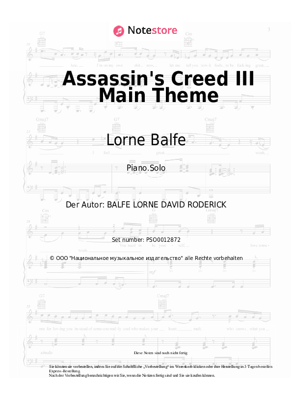 Noten Lorne Balfe - Assassin's Creed III Main Theme - Klavier.Solo