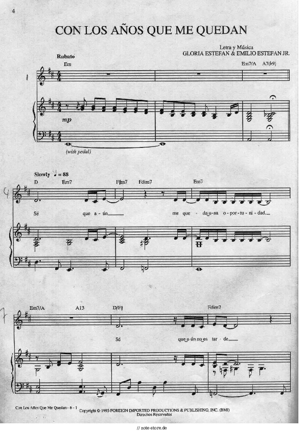 Gloria Estefan - Con los Años Que Me Quedan Noten für Piano