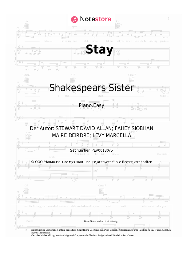 Shakespears Sister - Stay Noten für Piano