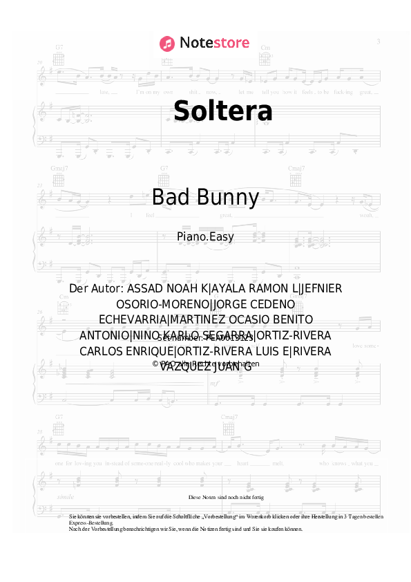Einfache Noten Lunay, Daddy Yankee, Bad Bunny - Soltera - Klavier.Easy