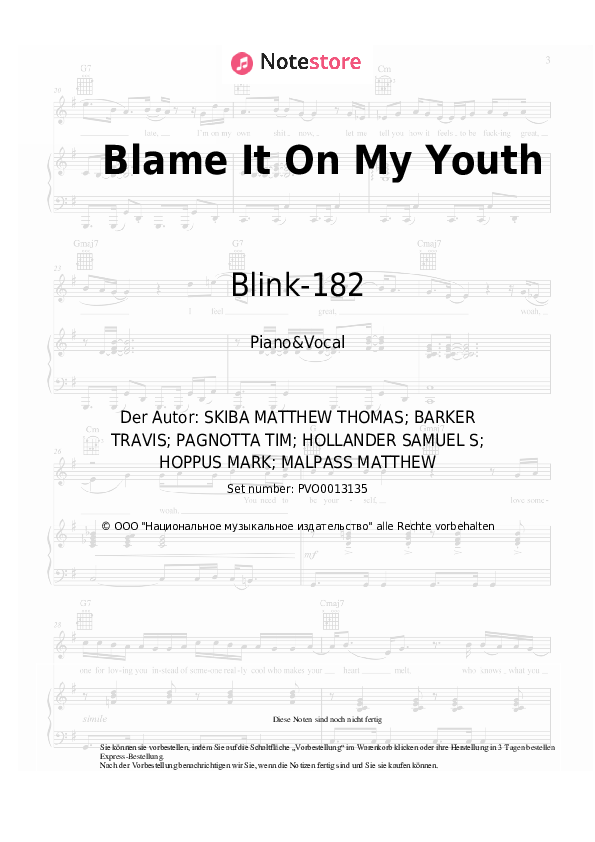 Noten mit Gesang Blink-182 - Blame It On My Youth - Klavier&Gesang