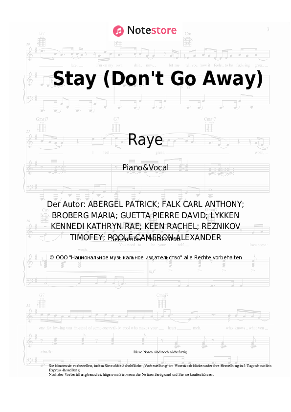 Noten mit Gesang David Guetta, Raye - Stay (Don't Go Away) - Klavier&Gesang