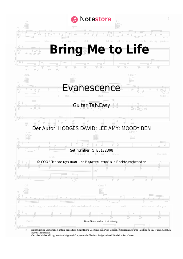 Einfache Tabs Evanescence - Bring Me to Life - Gitarre.Tabs.Easy