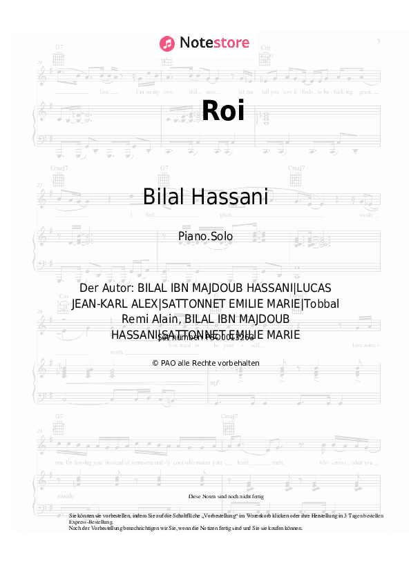 Noten Bilal Hassani - Roi - Klavier.Solo