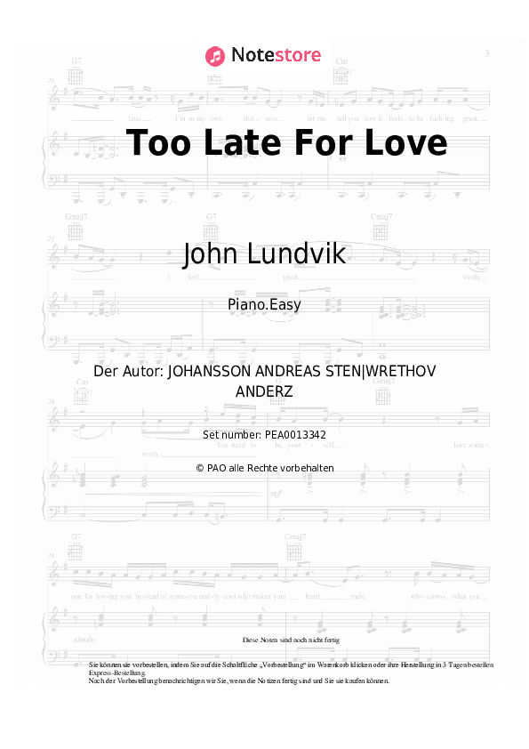 Einfache Noten John Lundvik - Too Late For Love - Klavier.Easy