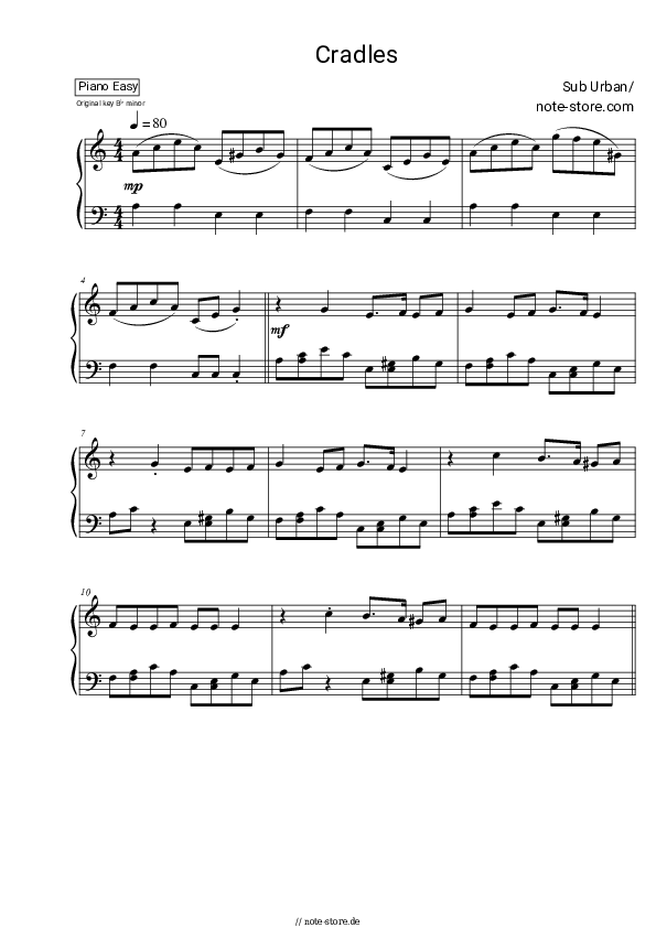 Einfache Noten Sub Urban - Cradles - Klavier.Easy