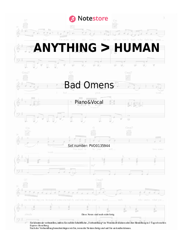 Noten mit Gesang Bad Omens, ERRA - ANYTHING ᐳ HUMAN - Klavier&Gesang