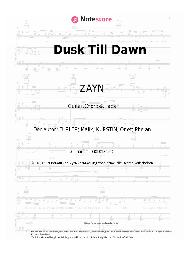 Akkorde ZAYN, Sia - Dusk Till Dawn - Gitarren.Akkorde&Tabas