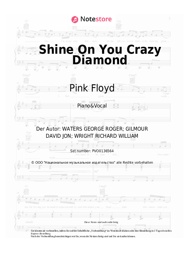 Noten mit Gesang Pink Floyd - Shine On You Crazy Diamond - Klavier&Gesang