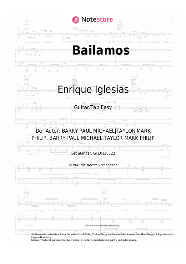 Einfache Tabs Enrique Iglesias - Bailamos - Gitarre.Tabs.Easy