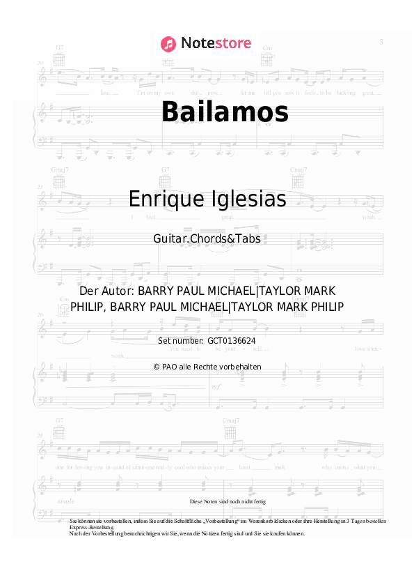 Akkorde Enrique Iglesias - Bailamos - Gitarren.Akkorde&Tabas