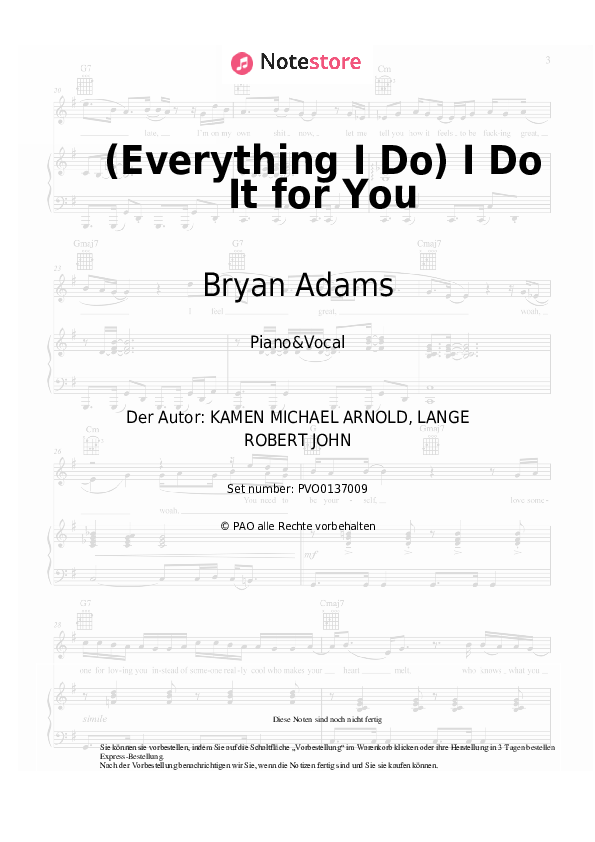 Noten mit Gesang Bryan Adams - (Everything I Do) I Do It for You - Klavier&Gesang