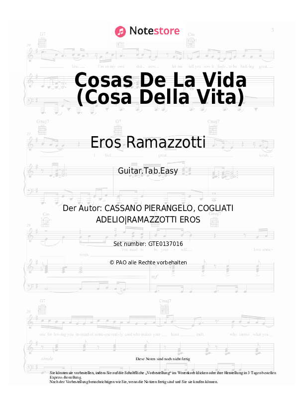 Einfache Tabs Eros Ramazzotti - Cosas De La Vida (Cosa Della Vita) - Gitarre.Tabs.Easy