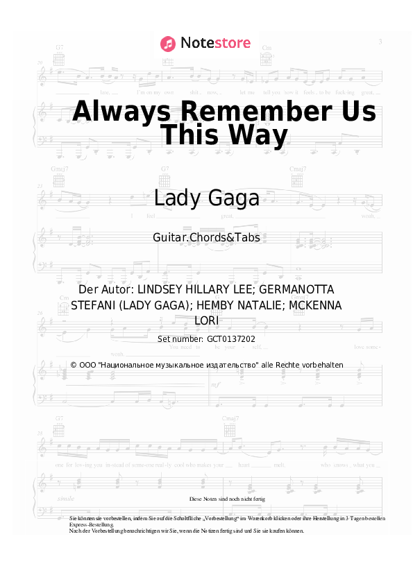 Akkorde Lady Gaga - Always Remember Us This Way - Gitarren.Akkorde&Tabas