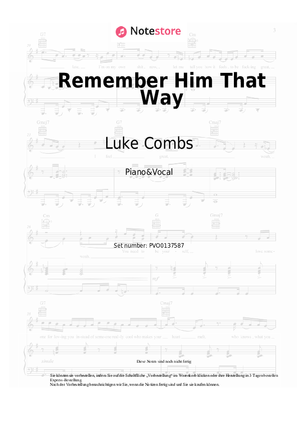 Noten mit Gesang Luke Combs - Remember Him That Way - Klavier&Gesang