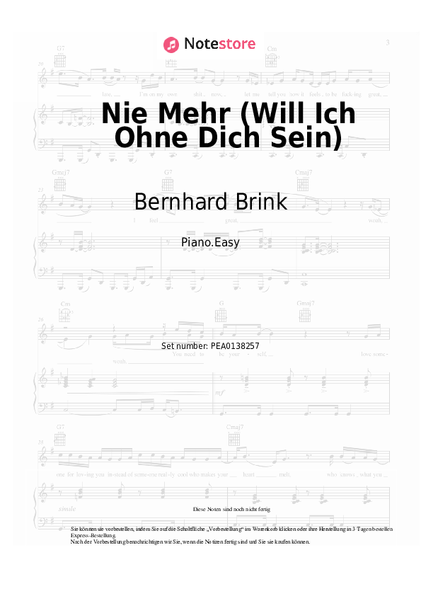 Einfache Noten Bernhard Brink - Nie Mehr (Will Ich Ohne Dich Sein) - Klavier.Einfach