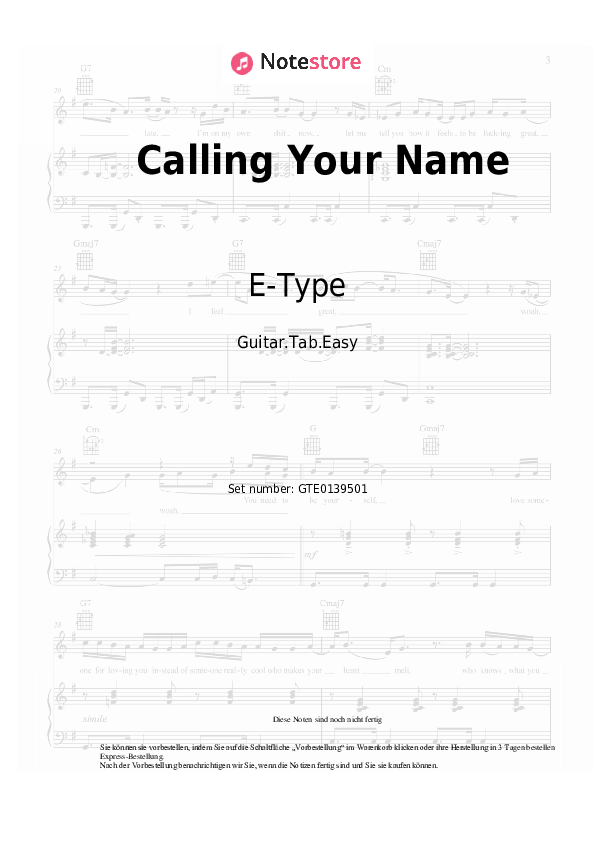 Einfache Tabs E-Type - Calling Your Name - Gitarre.Tabs.Easy